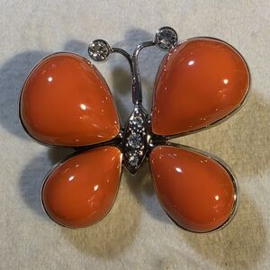 Beautiful Big Jelly Orange Cabochon Silver Tone Butterfly Brooch/Pendant